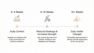 Timeline showing when to expect scalp comfort, reduced breakage, and early visible changes