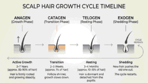 Timeline of anagen, catagen, telogen, and shedding phases