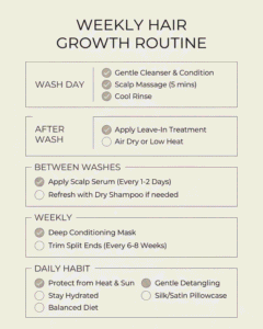 Weekly hair growth routine checklist for wash day, serum days, and protection